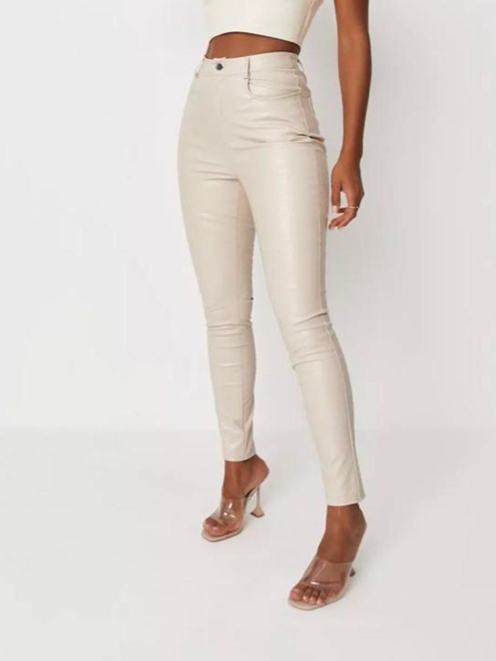 Missguided Cream Faux Croc Slim Leg Trousers High Rise